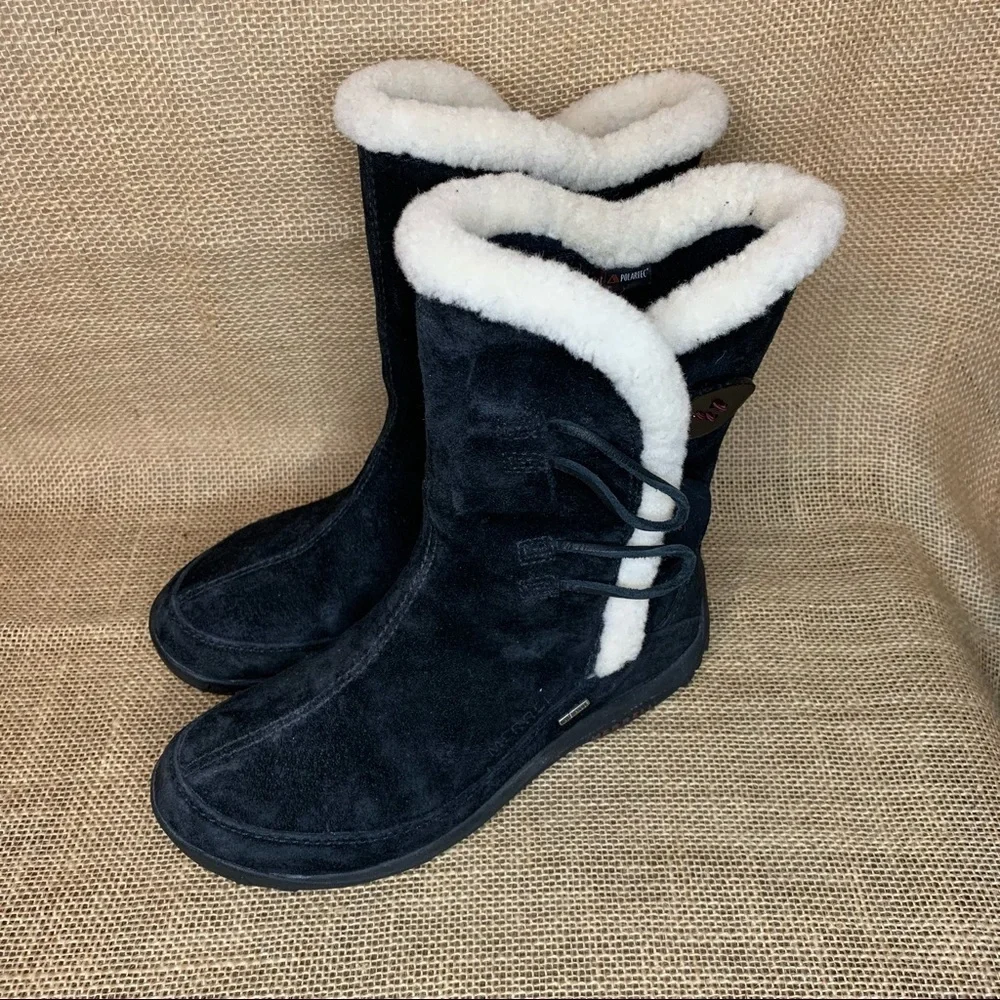 Merrell Yarra Women’s Black Leather Faux Fur Toggle Winter Snow Boots Size 5